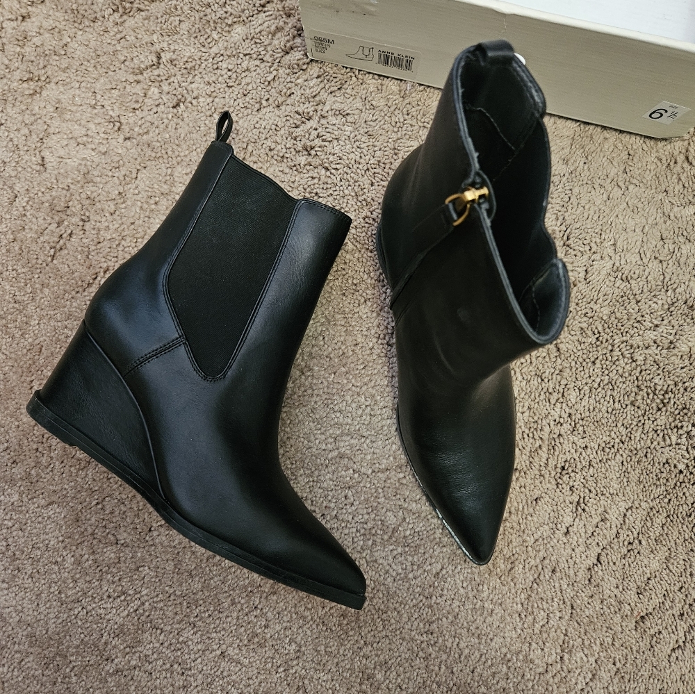 Franco Sarto Black Leather Pointed Toe Wedge Ankle Boots